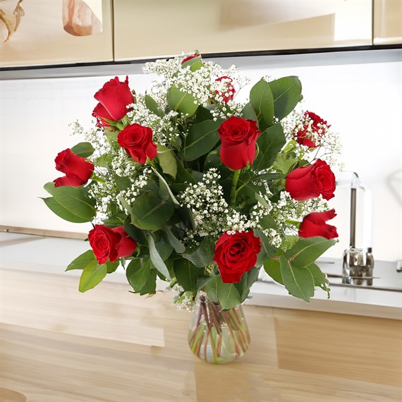 12 Red Short Stem Roses and Gypsophilia Valentine's Day Hand Tied Bouquet