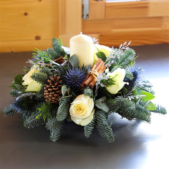 Blue and Silver Christmas Candle Floral Arrangement