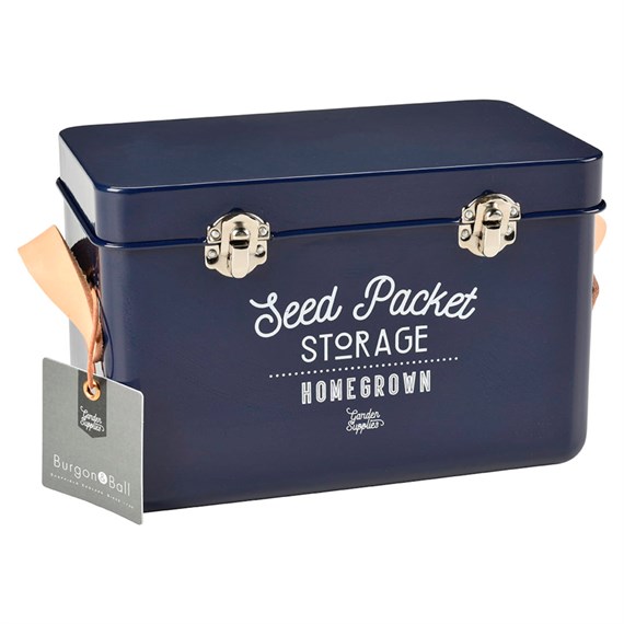 Burgon & Ball Leather Handled Seed Packets Storage Tin - Atlantic Blue (GEN/SEEDATLANTIC)