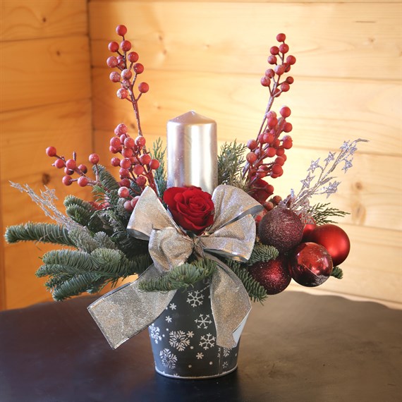 Christmas Red and Silver Snowflake Tin Floral Arrangement