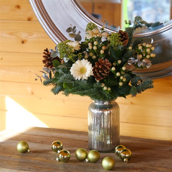 Christmas White and Green Berry Hand Tied Floral Bouquet