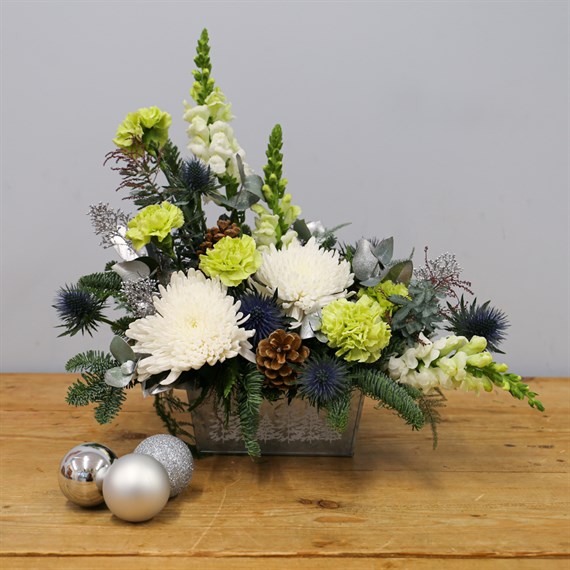 Christmas White and Green Galvanised Tin Floral Festive Arrangement