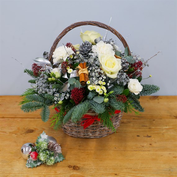 Christmas White and Silver Festive Floral Festive Basket Arrangement