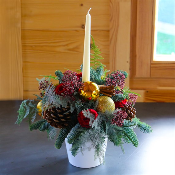 Crisp Winter Candle Floral Christmas Arrangement