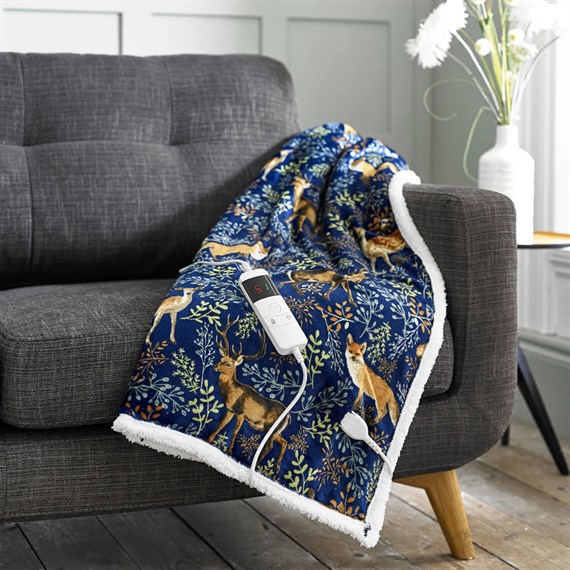 Deyongs Fox & Deer Navy 140 x 180cm Heated Christmas Throw (41026002)