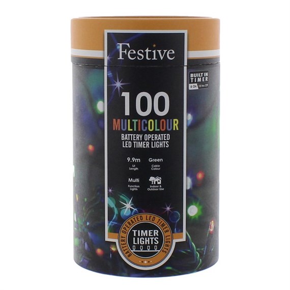 Festive 100 Battery Operated Timer String Christmas Lights - Multicolour (P032201)