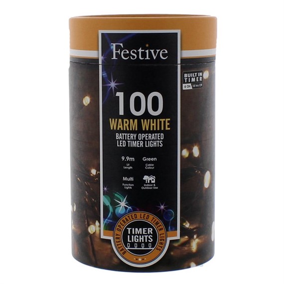 Festive 100 Battery Operated Timer String Christmas String Lights - Warm White (P032200)