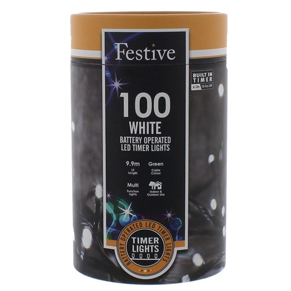 Festive 100 Battery Operated Timer String Christmas String Lights - White (P032199)