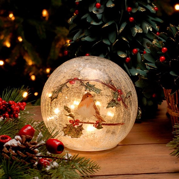 Festive 15cm Battery Operated Lit Crackle Effect Robin Christmas Ball (P041980)