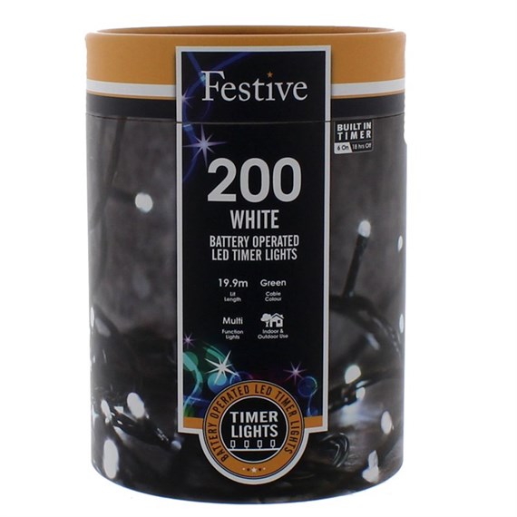 Festive 200 Battery Operated Timer String Christmas String Lights - White (P032203)