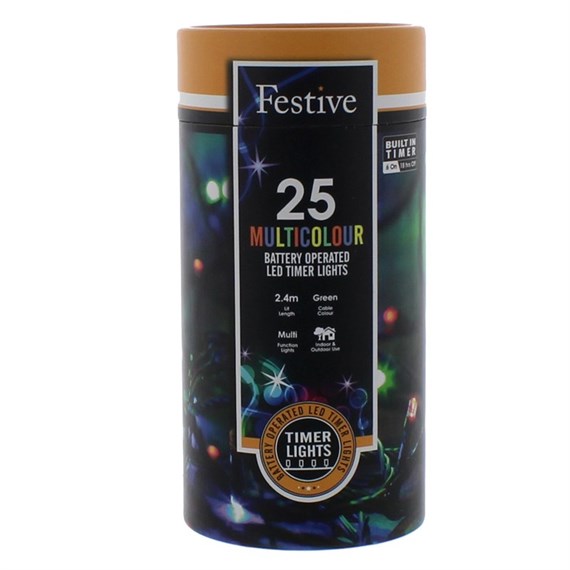 Festive 25 Battery Operated Timer String Christmas Lights - Multicolour (P032193)