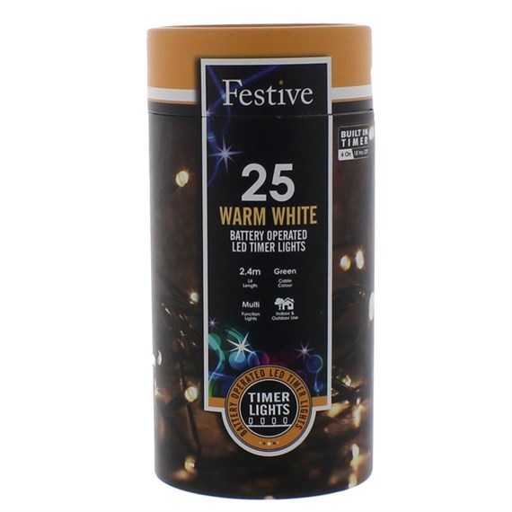 Festive 25 Battery Operated Timer String Christmas String Lights - Warm White (P032192)