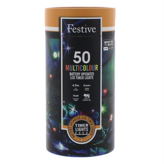 Festive 50 Battery Operated Timer String Christmas Lights - Multicolour (P032197)