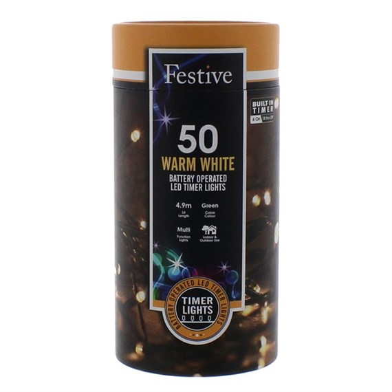 Festive 50 Battery Operated Timer String Christmas String Lights - Warm White (P032196)