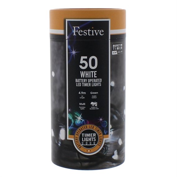 Festive 50 Battery Operated Timer String Christmas String Lights - White (P032195)