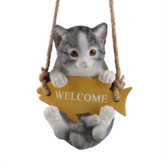 Garden Creations 18cm Welcome Cat on Swing Resin Garden Ornament (VM3238600)