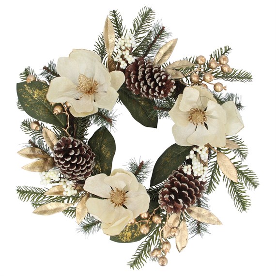 Gisela Graham Christmas Cream Magnolia & Gold Berry Artificial Christmas Wreath (41399)