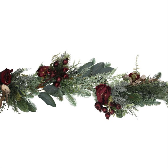 Gisela Graham Christmas Green & Gold Fir Artificial Christmas Garland with Red Roses (41044)