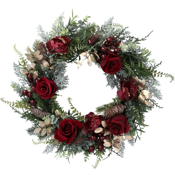 Gisela Graham Christmas Green & Gold Fir Artificial Christmas Wreath with Red Roses (40998)