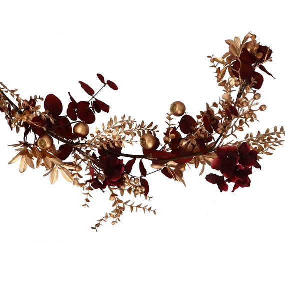 Gisela Graham Christmas Matt Gold Leaf Artificial Christmas Berry Garland with Burgundy Flowers (41471)