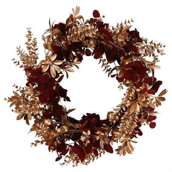 Gisela Graham Christmas Matt Gold Leaf Artificial Christmas Berry Wreath with Burgundy Flowers (41466)