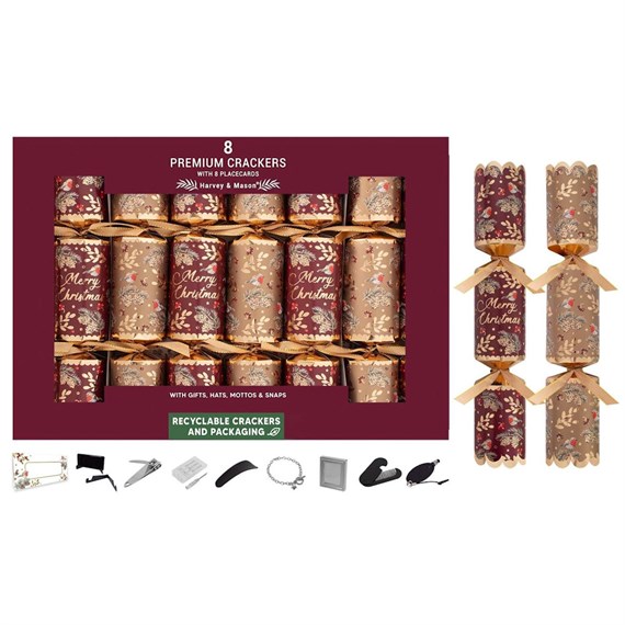 Harvey & Mason Premium Burgundy Robin Christmas Crackers - Pack of 8 (XM6793)