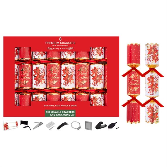 Harvey & Mason Premium Red Poinsettia Christmas Crackers - Pack of 8 (XM6791)