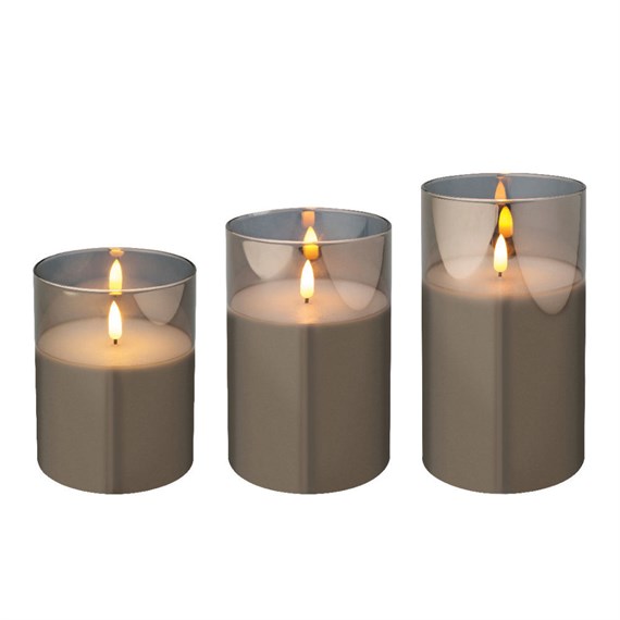 Kaemingk 3 Pack Battery LED Wick Christmas Candle Smokey Glass Cylinder (485839)