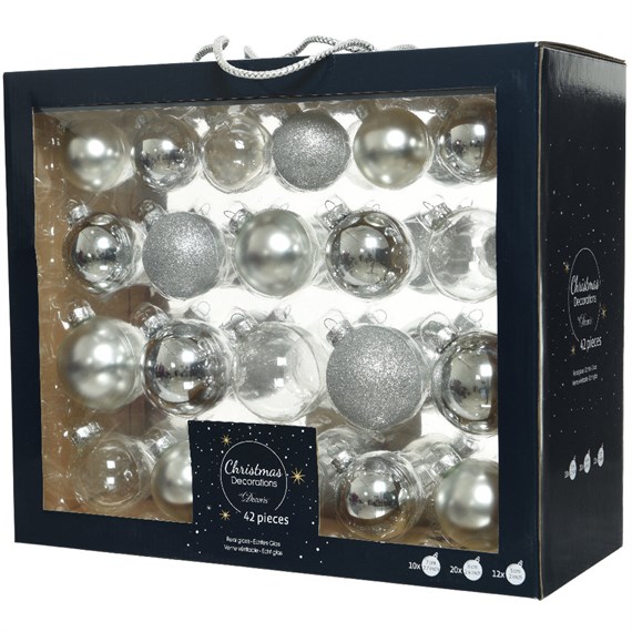 Kaemingk 42 Glass Christmas Tree Hanging Baubles - Silver (149251)