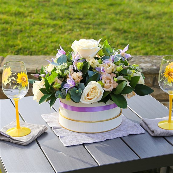 Mother's Day Peach and Lilac Hat Box Floral Arrangement