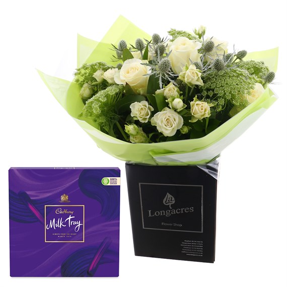 Mother's Day Bundle Offer Classic White Hand Tied Bouquet with Milk Tray Chocolates 360g