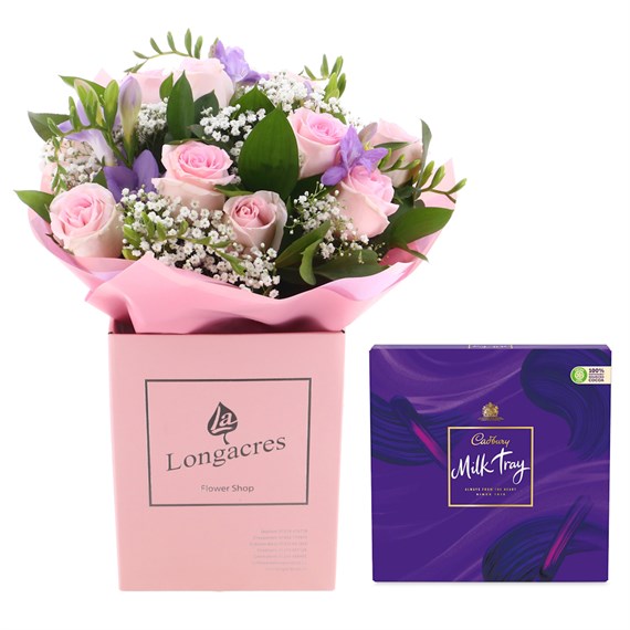 Mother's Day Bundle Offer Pastel Rose and Freesia Hand Tied Bouqet with Milk Tray Chocolates 360g