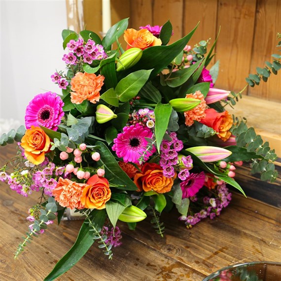 Mother's Day Cerise and Orange Hand Tied Floral Bouquet