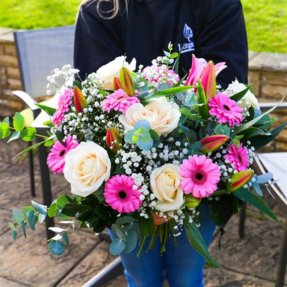 Mother's Day Lily, Gypsophilia and Germini Hand Tied Floral Bouquet