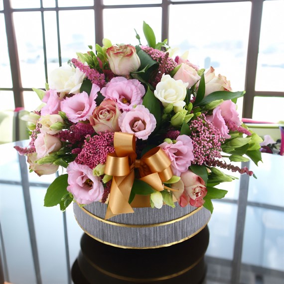 Pink and Cream Hat Box Floral Arrangement - Small