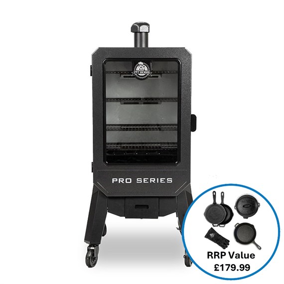 Pitboss Pro V4P Vertical Pellet Smoker Barbecue (10803) + FREE 6 PIECE CAST IRON COOKING SET