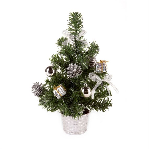 Premier 30cm (1ft) Silver Dressed Christmas Artificial Tree with Pinecones, Baubles & Ribbons (TRD139606)