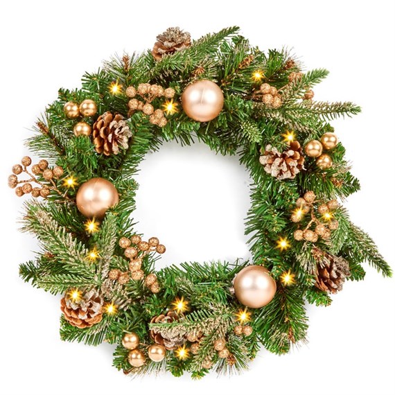 Premier 40cm Champagne Gold Decoration Artificial Pre Lit Christmas Wreath With 20 LED Lights (TW236210)