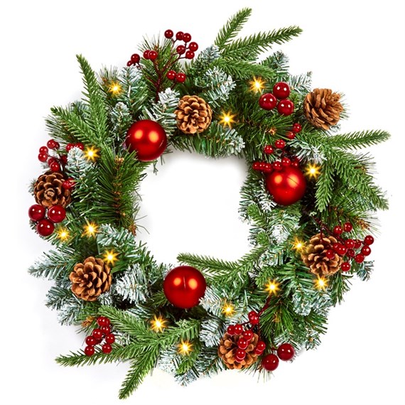 Premier 40cm Red Decoration Artificial Pre Lit Christmas Wreath With 20 LED Lights (TW236208)