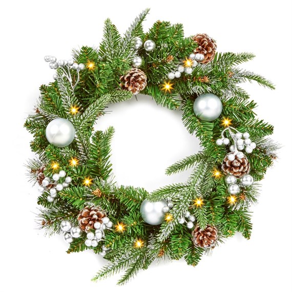 Premier 40cm Silver Decoration Artificial Pre Lit Christmas Wreath With 20 LED Lights (TW236212)