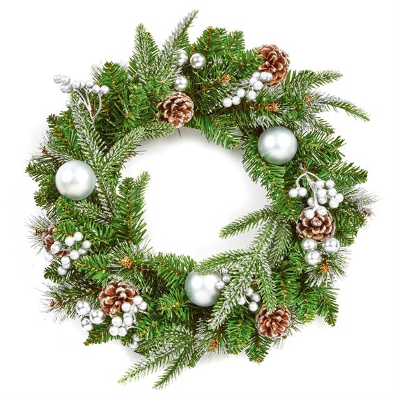 Premier 40cm Silver Decorative Artificial Christmas Wreath Baubles & Cone (DF247171)