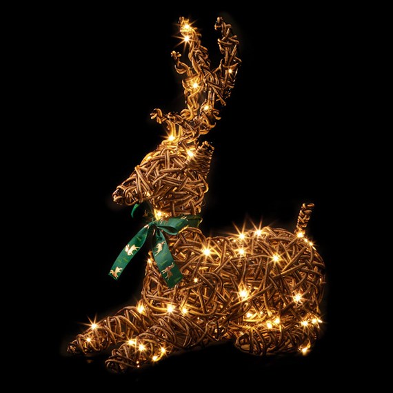 Premier 47cm Light Up Wicker Sitting Christmas Reindeer Decoration with Bow (LB243315)