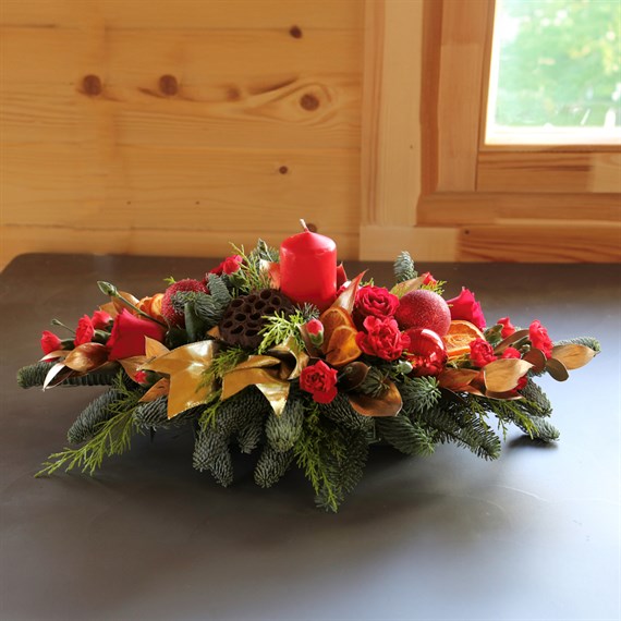 Red and Gold Long and Low Christmas Floral Arrangement 2ft