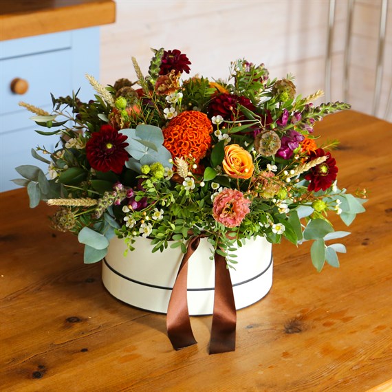 Shades of Autumn Floral Hat Box Arrangement