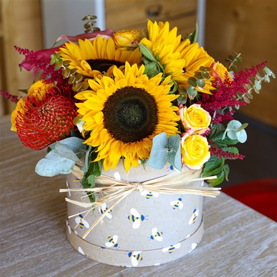 Sunflower Bee Pink Floral Autumn Hatbox Arrangement - One Size