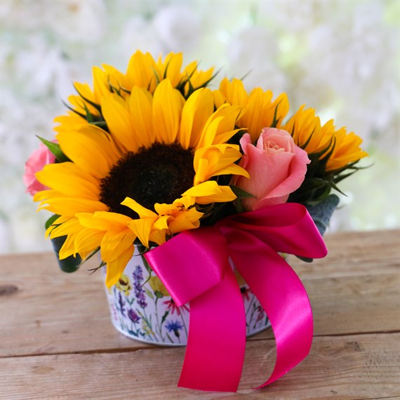 Sunflower Tin Cut Flower Teachers Gift Arrangement