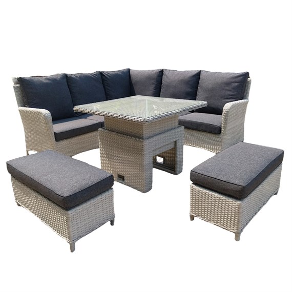 Sunnii Capri Grey Mini Mod Corner Bench Outdoor Garden Furniture Set with Adjustable Table