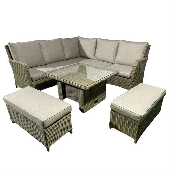 Sunnii Capri Natural Mini Mod Corner Bench Outdoor Garden Furniture Set with Adjustable Table