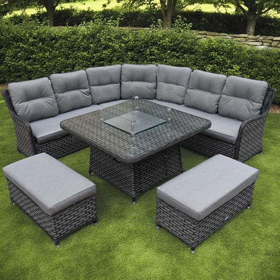 Supremo Winchester Storm Grey Curved Modular Outdoor Garden Furniture Set with Firepit Table